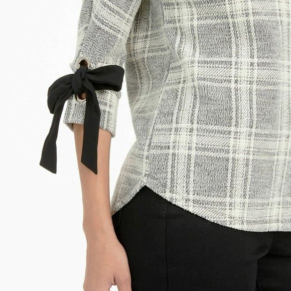 CHARTER CLUB Textured Plaid Top Boat Neckline Black Bow Kimono Sleeves Sz S NEW - Picture 3 of 6